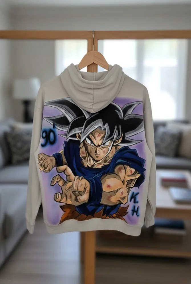 Hoodie – Goku Ultra Instinct with a personal dedication – clothing, airbrush, Klaudia Kazuch