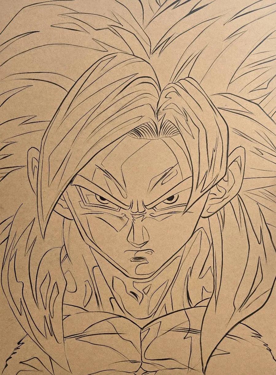 Szkic Goku Super Saiyan 4 na płycie HDF – pierwszy etap pracy